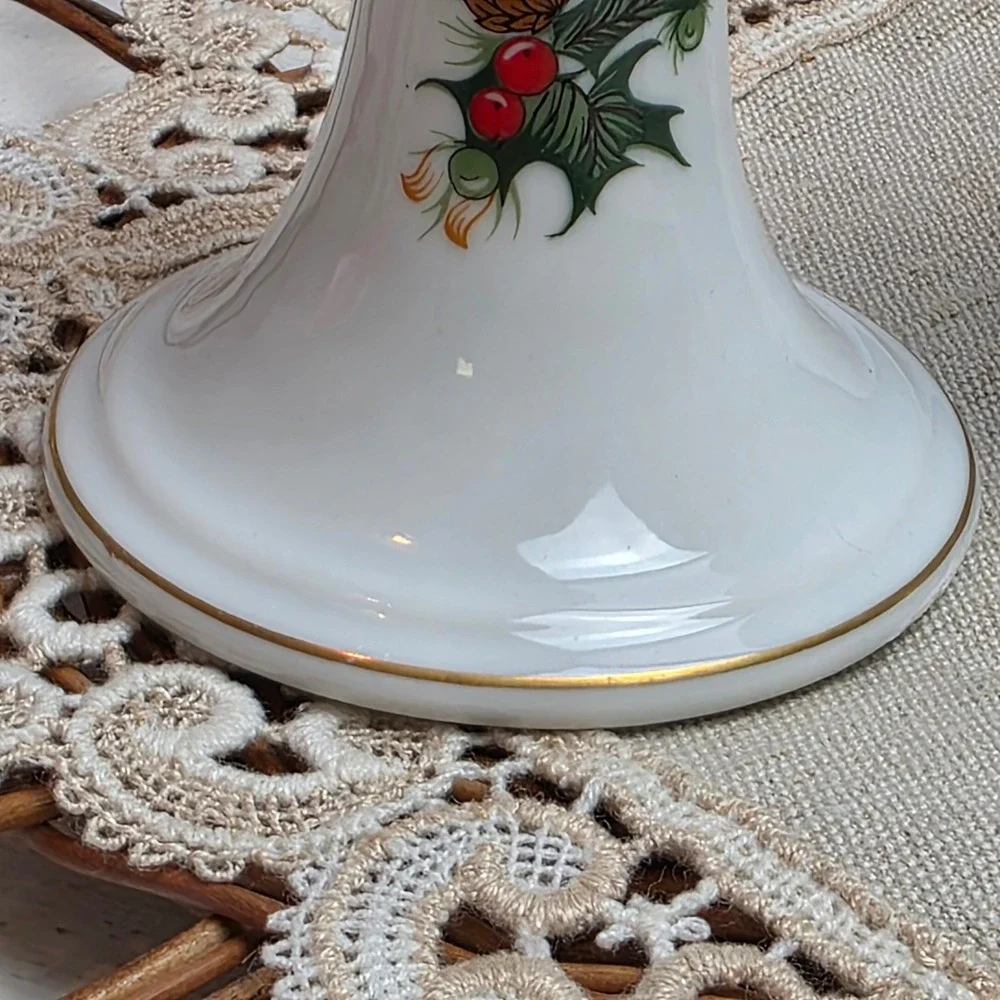 Vintage Woolworth Porcelain Christmas Holly Berry Pinecone Candlesticks Gold Rim